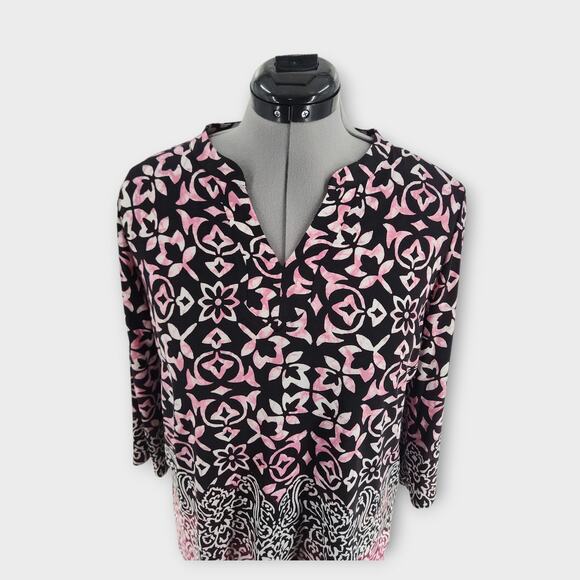 Susan Graver Blouse Women's LP 3/4 Sleeve V-Neck Stretch Floral Design Slinky - Picture 3 of 7